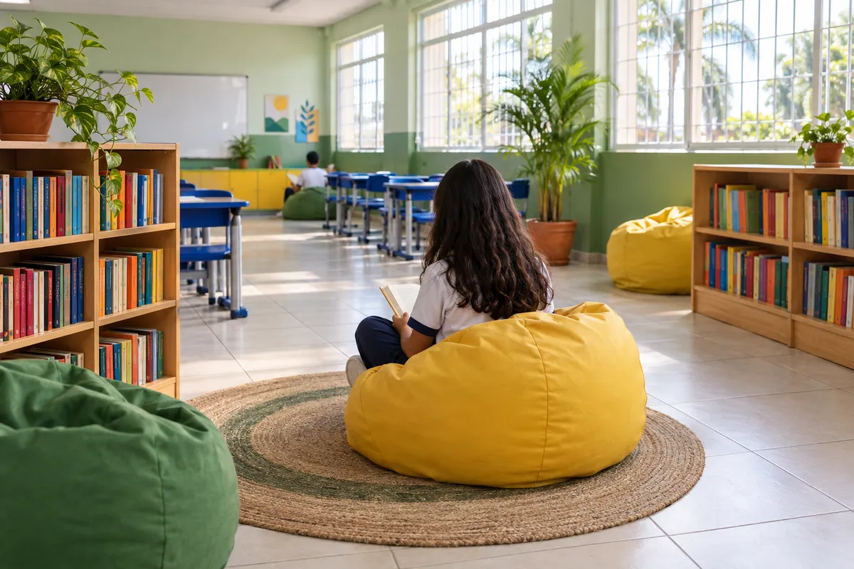 Sala de leitura com estantes, pufes coloridos e uma estudante lendo, de costas, num pufe amarelo