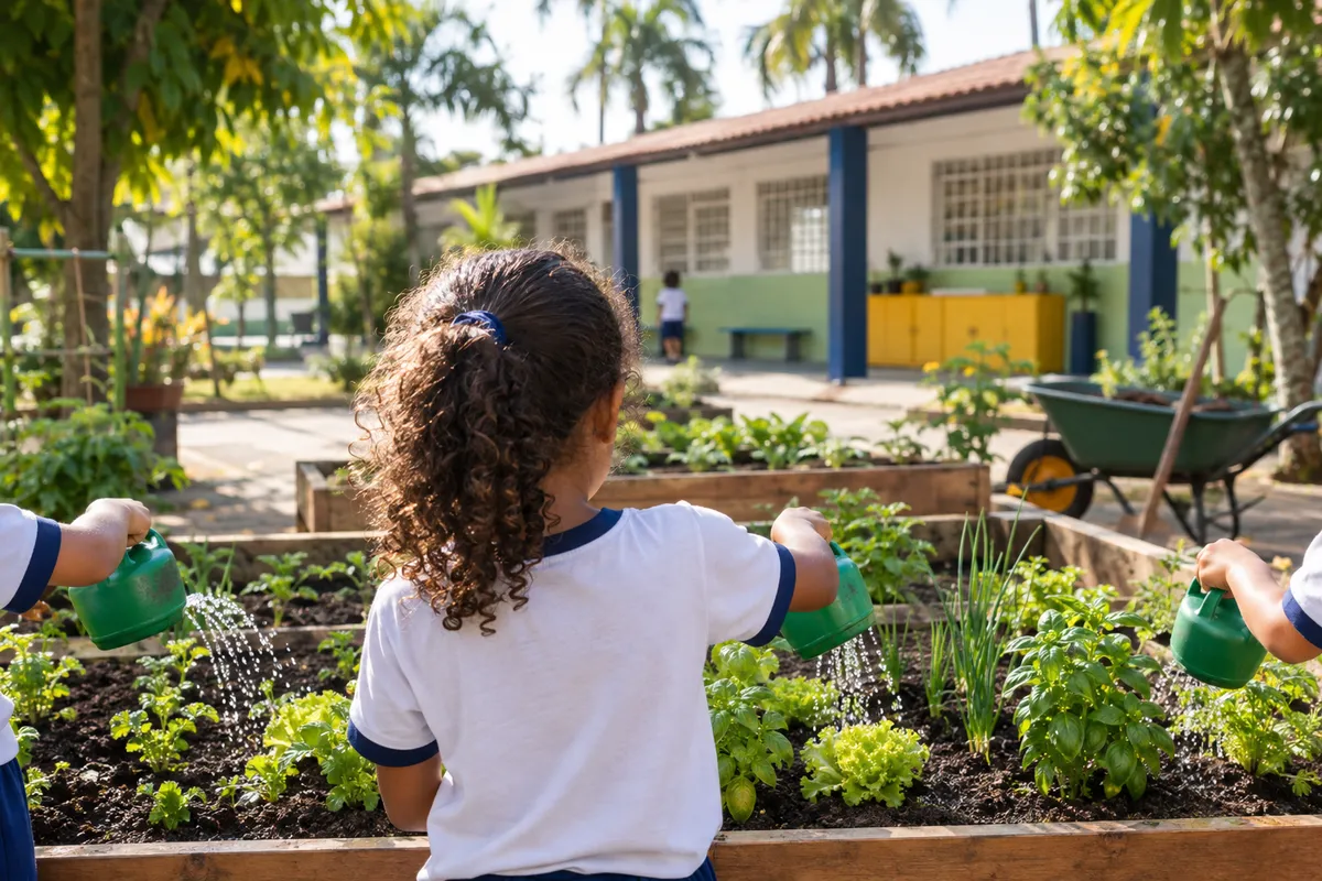 Criança de uniforme, de costas, rega os canteiros da horta escolar ao lado de colegas