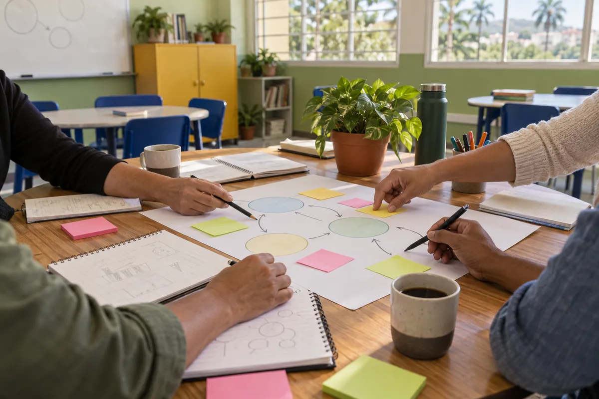 Mãos de educadores sobre um mapa de ideias com notas adesivas coloridas, cadernos e xícaras de café