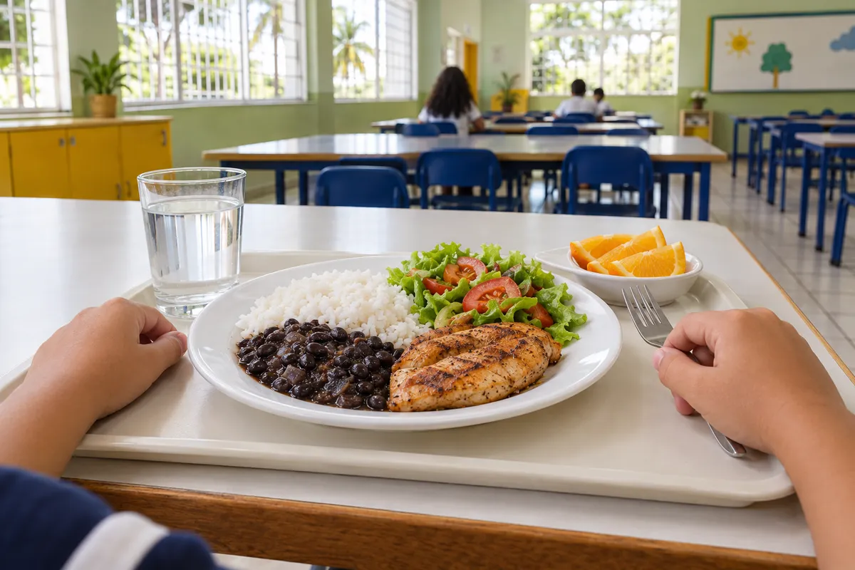 Prato da merenda com arroz, feijão, frango grelhado, salada e laranja numa bandeja do refeitório