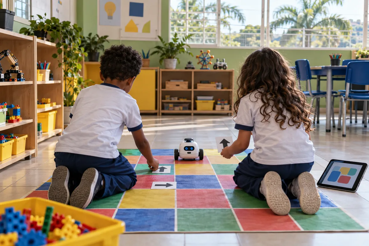 Duas crianças ajoelhadas num tapete quadriculado programam um pequeno robô com cartões de setas