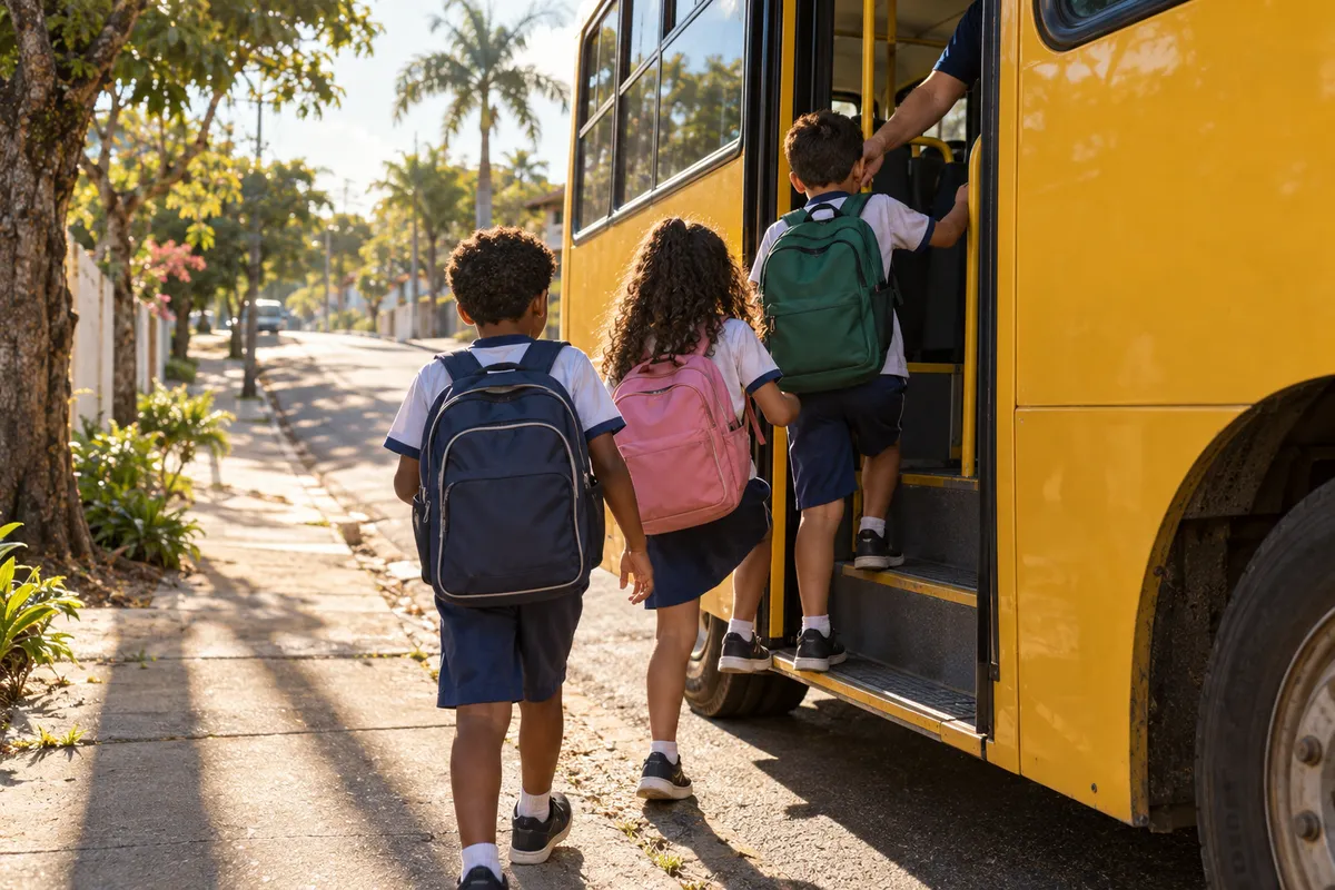 Crianças de mochila, de costas, sobem no ônibus escolar amarelo numa rua arborizada pela manhã
