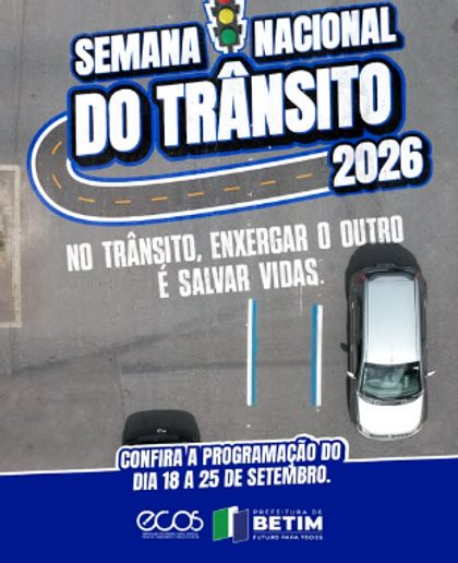 Arte da Semana Nacional do Trânsito 2026, com um carro visto de cima sobre a faixa de uma via.